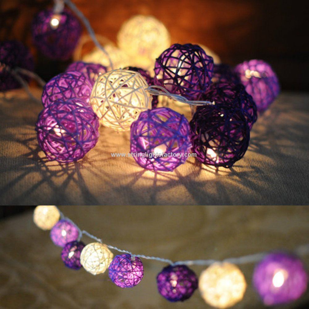 Purple Color 40Beads Rattan Globe Ball String Lights Powered by 3xAA Batteries