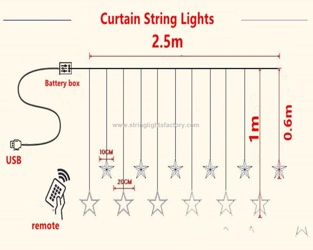 USB Port Star Curtain Lights 2M Length 138LEDs Fairy 12Stars String Lights
